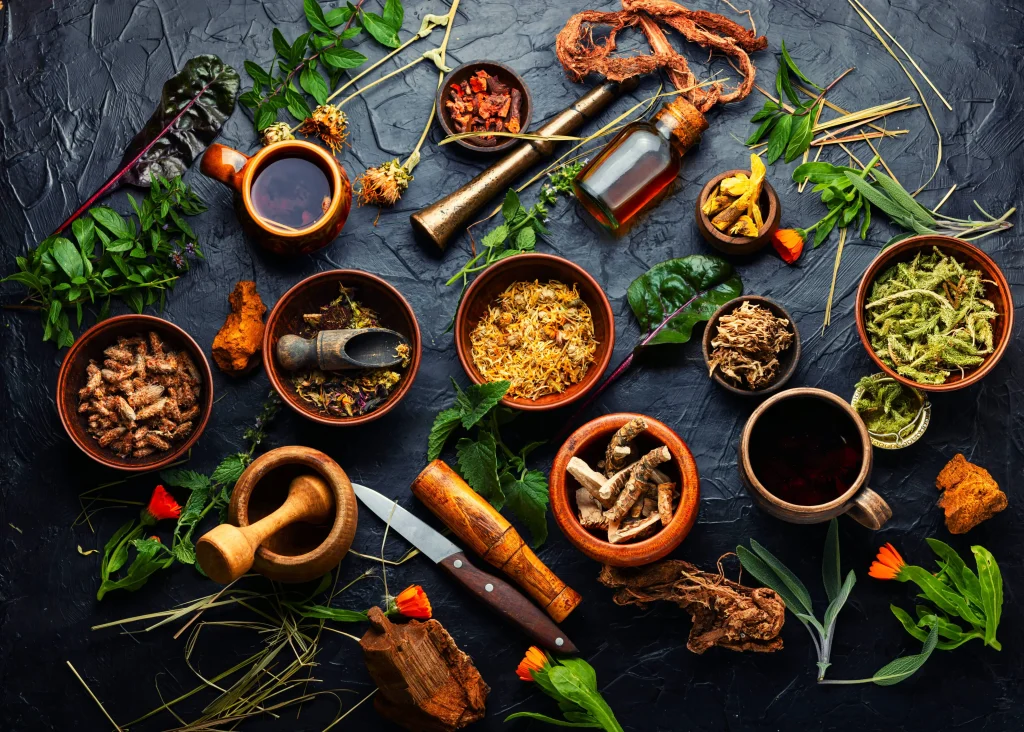A table full of traditional chinese medicine herbs
